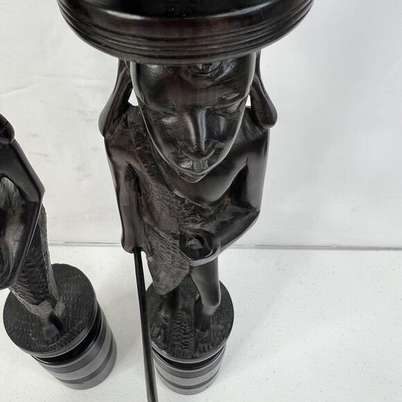 Pair of Vintage African Hand Carved Iron Wood Figural Sculptures Candle Sticks - Picture 6 of 15